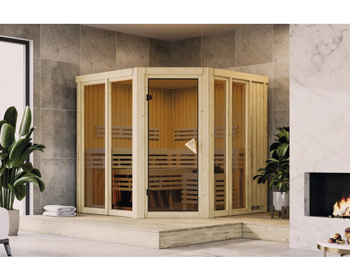 Elementsauna Karibu Sairi inkl. 9 kW u.integr.Steuerung mit Dachkranz und bronzierter Ganzglastür Ecksauna aus Holz mit Glastür und Bänken im Innenraum
