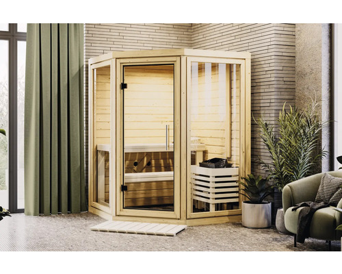 Massivholzsauna Karibu Suma inkl. 9 kW Ofen u.ext.Steuerung mit Ganzglastür aus Klarglas Ecksauna aus Holz mit Glastür und seitlichen Glaselementen in einem Raum