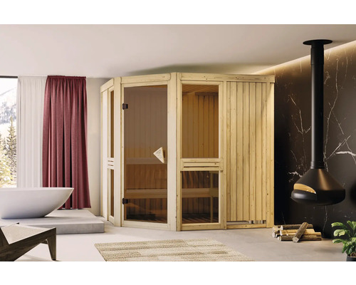Elementsauna Karibu Omelia Ohne Ofen mit Dachkranz und bronzierter Ganzglastür Innensauna aus Holz mit Glastür in einem Badezimmer