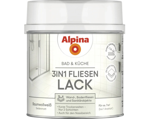 Alpina 3-in-1 Fliesenlack für Bad und Küche in Baumwollweiß, seidenmatt