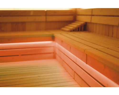 Sauna en bois avec bancs et escalier