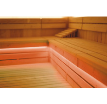 Sauna en bois clair avec bancs et escalier