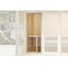 Porte de sauna avec fenêtre en verre dans un mur en bois