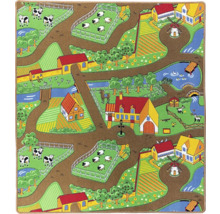 Spielteppich mit Bauernhofmotiv und Strassenmuster.