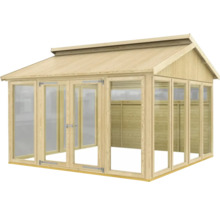 Holzgartenhaus mit Glasschiebetüren