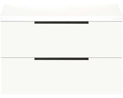 Meuble sous-lavabo blanc avec deux tiroirs et poignées