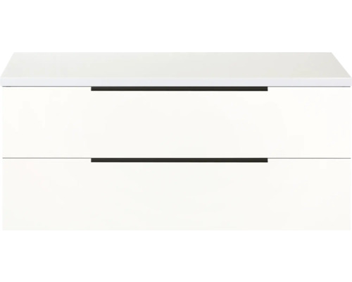 Meuble sous-lavabo blanc avec deux tiroirs et poignées