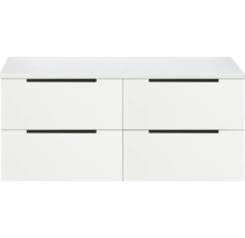 Meuble sous-lavabo blanc avec quatre tiroirs et poignées noires