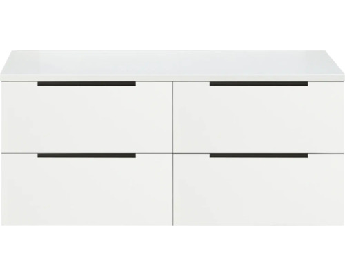 Meuble sous-lavabo blanc avec quatre tiroirs et poignées noires