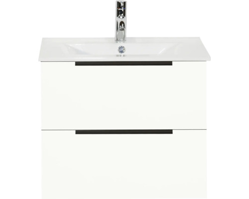 Lavabo en céramique avec meuble bas Sanox Seville lxhxp 60 cm x 52 cm x 46 cm couleur de façade blanc haute brillance Meuble sous-lavabo avec deux tiroirs et robinetterie