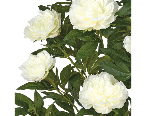 Kunstblumen mit weißen Blüten und grünen Blättern.