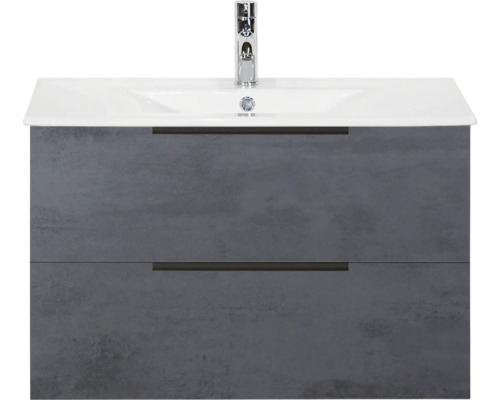 Meuble sous-lavabo avec deux tiroirs et lavabo à poser ainsi que robinetterie