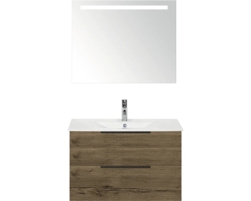 Sanox Badmöbel-Set Seville BxHxT 80 cm x 170 cm x 46 cm Frontfarbe tabacco Waschtisch mit Spiegel und Unterschrank mit zwei Schubladen