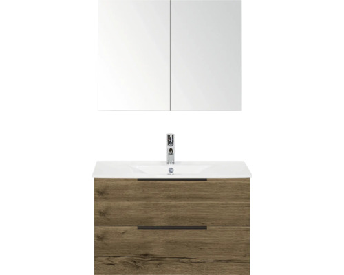 Sanox Badmöbel-Set Seville BxHxT 80 cm x 170 cm x 46 cm Frontfarbe tabacco Waschbeckenunterschrank mit Spiegel für Badezimmer