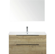 Combinaison de lavabo avec miroir, meuble sous-lavabo avec deux tiroirs et décor en bois