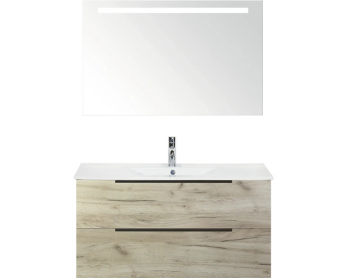 Waschtisch mit Unterschrank, zwei Schubladen, Aufsatzwaschbecken und Spiegel mit Beleuchtung