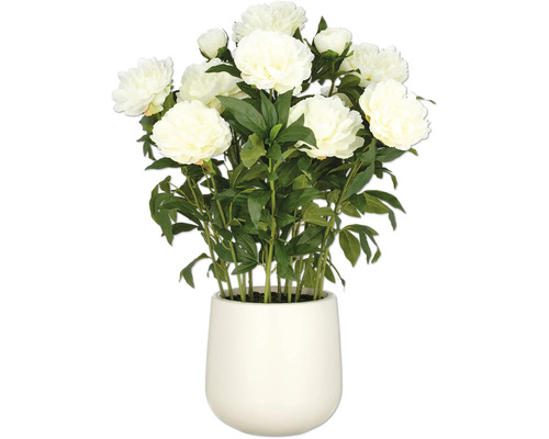 Kunstblumenarrangement mit weißen Pfingstrosen in einem weißen Topf