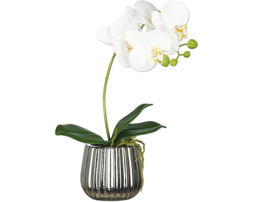 Orchidée artificielle dans un pot argenté