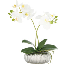 Künstliche Orchidee in silberfarbenem Topf