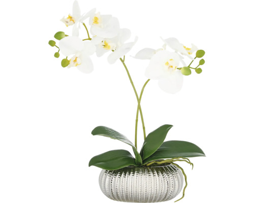 Kunstpflanze Phalaenopsis H 38 cm weiss Künstliche Orchidee in silberfarbenem Topf