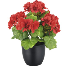 Géranium artificiel en pot avec fleurs rouges et feuilles vertes
