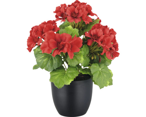 Géranium artificiel en pot avec fleurs rouges et feuilles vertes