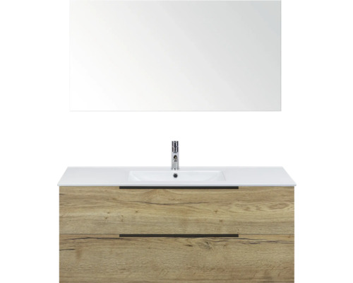 Meuble-lavabo avec miroir, aspect bois et deux tiroirs pour la salle de bains