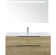 Meuble-lavabo avec miroir et deux tiroirs aspect bois