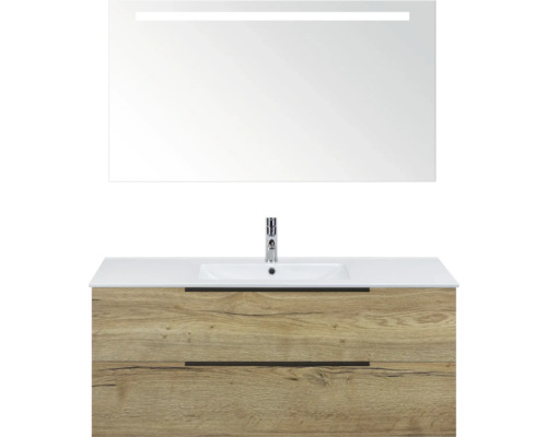 Meuble-lavabo avec miroir et deux tiroirs aspect bois