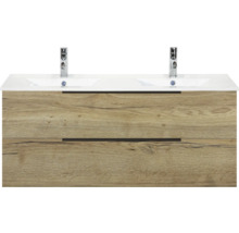 Meuble sous-vasque avec deux lavabos et deux tiroirs aspect bois