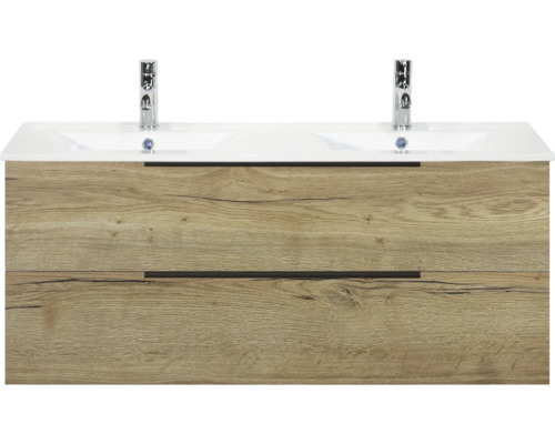 Meuble sous-vasque avec deux lavabos et deux tiroirs aspect bois