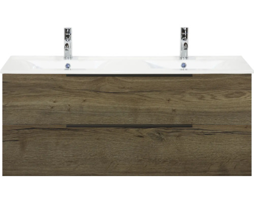 Meuble-lavabo avec deux tiroirs et deux robinets