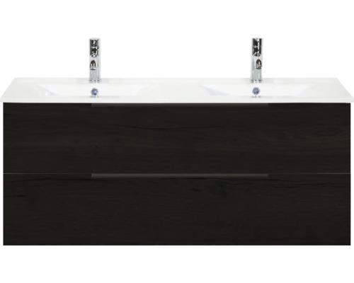 Meuble sous-vasque avec deux lavabos et deux robinets