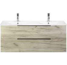 Meuble sous-lavabo avec deux lavabos et tiroirs aspect bois