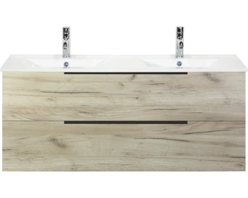 Lavabo double en céramique avec meuble sous lavabo Sanox Seville lxhxp 120 cm x 52 cm x 46 cm couleur de façade craft oak Meuble sous-lavabo avec deux lavabos et tiroirs aspect bois