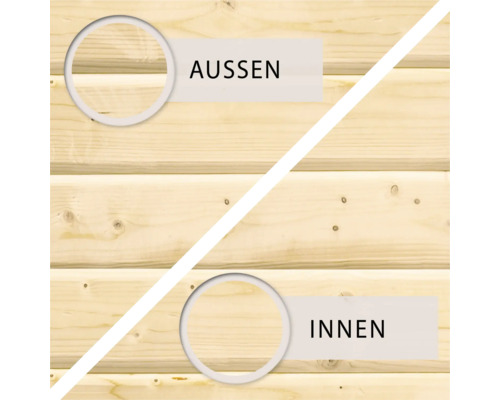 Holzwand mit Kennzeichnung für Aussen- und Innenbereich