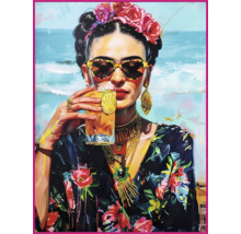 Gemälde einer Frau mit Blumen im Haar und Sonnenbrille, die ein Getränk hält