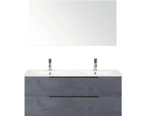 Waschtisch mit zwei Schubladen, Aufsatzwaschbecken und Spiegel