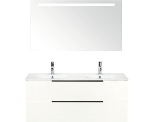 Waschtisch mit zwei Becken, Unterschrank mit zwei Schubladen und Spiegel mit Beleuchtung für das Badezimmer