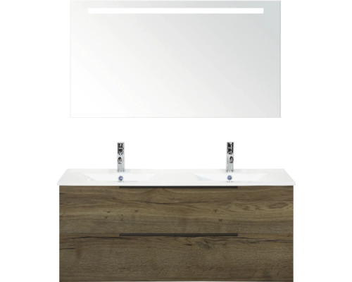 Sanox Badmöbel-Set Seville BxHxT 120 cm x 170 cm x 46 cm Frontfarbe tabacco Waschtisch mit Spiegel und Beleuchtung für das Badezimmer