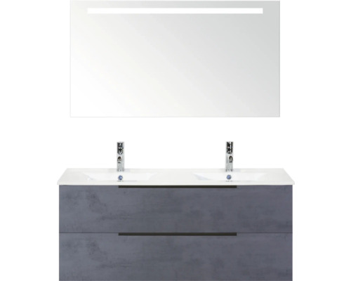 Waschtisch mit zwei Waschbecken, Unterschrank mit zwei Schubladen und Spiegel mit Beleuchtung für das Badezimmer