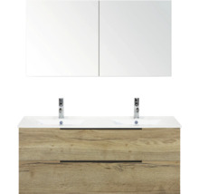 Waschtisch mit zwei Waschbecken, zwei Armaturen, zwei Schubladen und Spiegelschrank