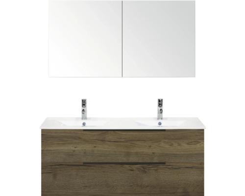 Waschtisch mit zwei Waschbecken, Schubladen und Spiegelschrank