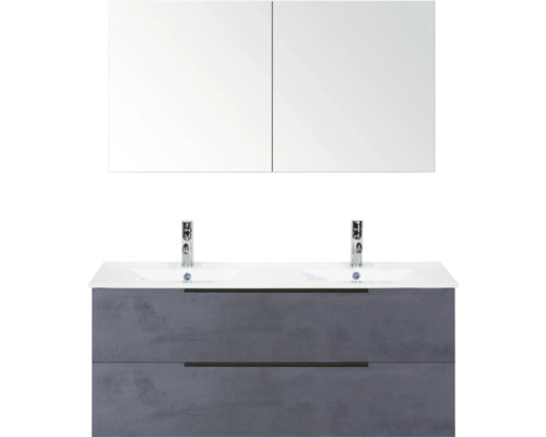 Meuble-lavabo avec deux lavabos, meuble bas et armoire de toilette