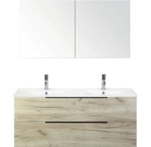 Waschtisch mit Spiegel, Holzdekor und zwei Becken