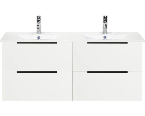 Weißer Doppelwaschtischunterschrank mit vier Schubladen und zwei Armaturen