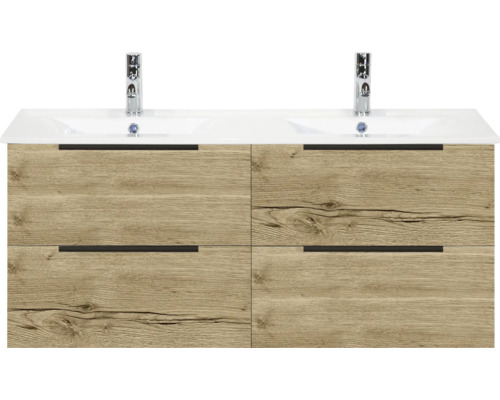 Waschtischunterschrank mit zwei Waschbecken und vier Schubladen in Holzoptik