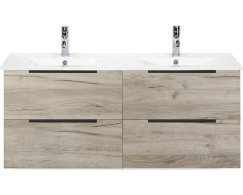 Lavabo double en céramique avec meuble sous lavabo Sanox Seville lxhxp 120 cm x 52 cm x 46 cm couleur de façade craft oak Meuble sous-vasque avec quatre tiroirs et deux lavabos
