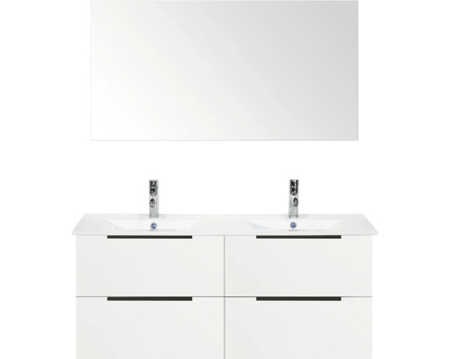 Waschtischunterschrank mit Doppelwaschbecken, Armaturen und Spiegel