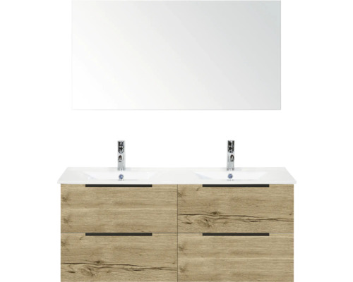 Badezimmermöbel-Set mit Doppelwaschtisch, Spiegel, Holzdekor und Schubladen